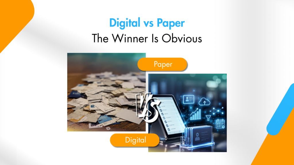 Comparison graphic showing a pile of paper business cards versus a digital business card platform with cloud-based contact management, highlighting the advantages of digital networking.